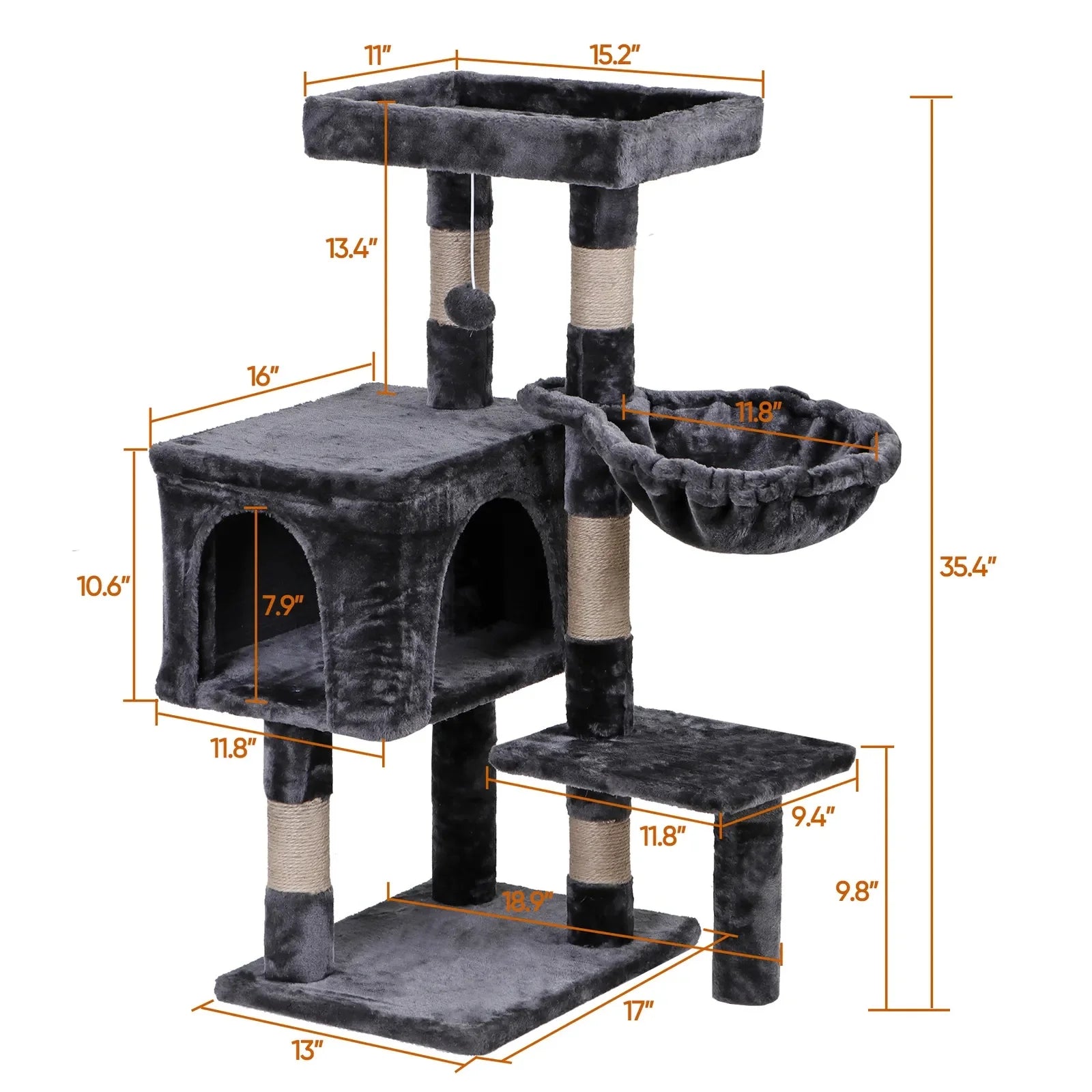 36" Cat Tree Cat Tower Scratching Posts Cat Condo W/Hammock for Indoor Cats Gray